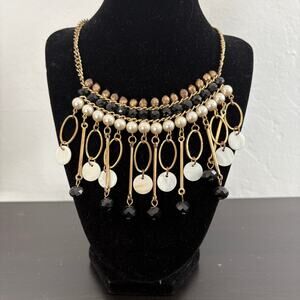 Neiman Marcus Bib Necklace Statement beads pearl gold tone black fashion